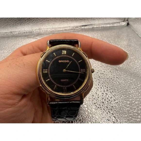 Speidel Gold Tone Black Dial Roman Numeral‎ Quartz Dress Watch Mens Womens
