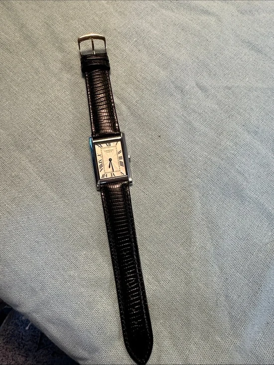 Cartier Silver Rectangular Watch with Black Strap
