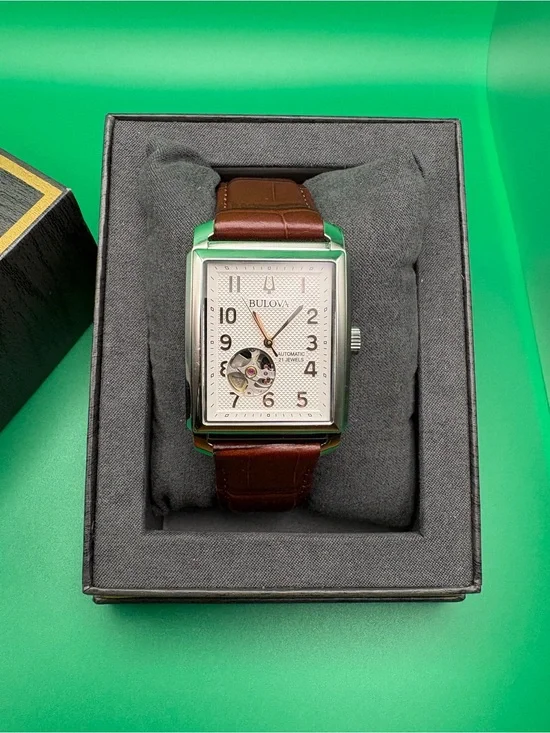 Bulova Silver Dial Watch with Brown Leather Strap and Open-Heart Window