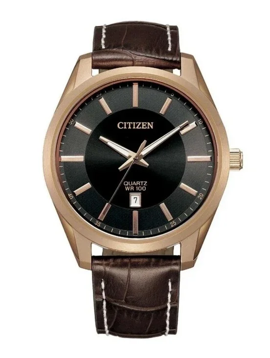 Citizen Quartz WR100 Gold Tone Black Dial Men's Watch Brown Leather Box/Papers