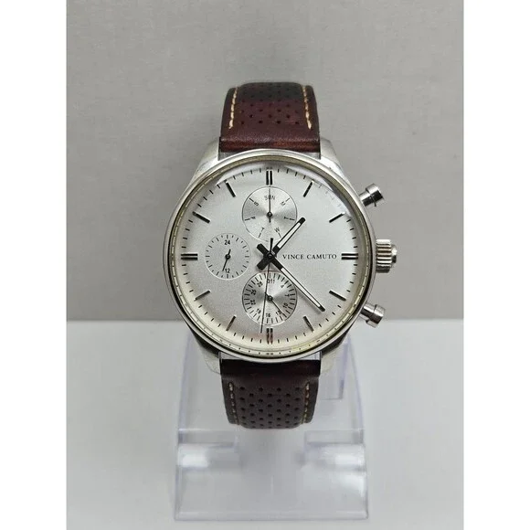 Vince Camuto Mens 42mm Watch VC1101SV Silver Tone Multi Dial Leather New Battery