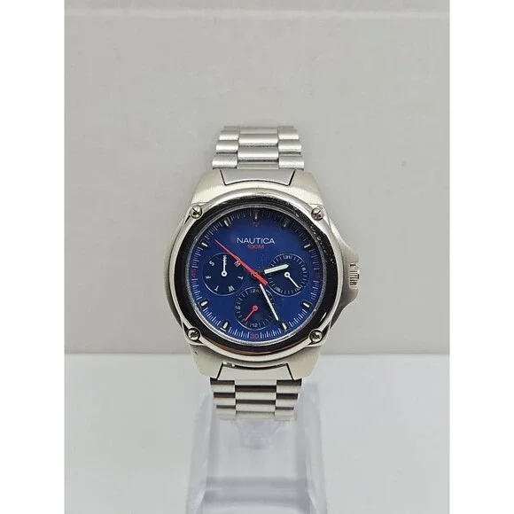 Vintage Nautica Mens 100M Blue Dial Day Date 24H Multi Dial Watch New Battery