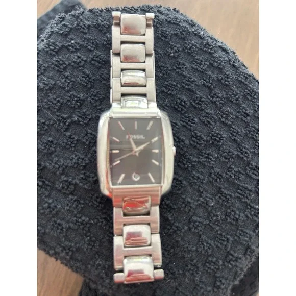 Fossil Mens Stainless Steel Rectangular Watch Black Dial FS-4029 Silver Tone