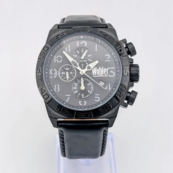 Wohler Lorhard Collection Chronograph Black IP Date Leather Men's Watch 46mm