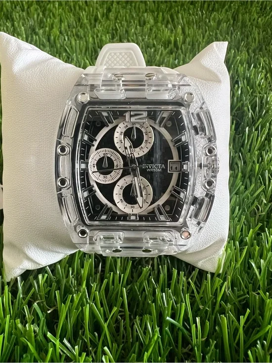 Invicta Clear Case Watch with Black Dial and Silver Accents