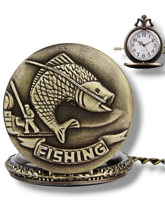 Pocket Chain Watch Fishing Theme Sportsperson Bronze Steampunk Retro Style Gift