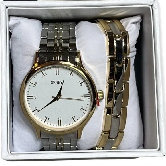 Men's Geneva Analog Silver Gold Wrist‎ Watch with Bracelet In Box