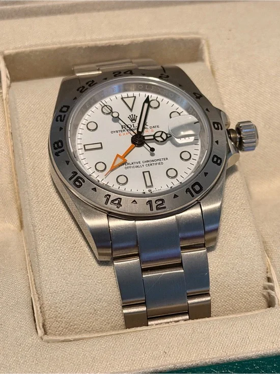 Rolex Stainless Steel Watch with White Dial and Orange GMT Hand