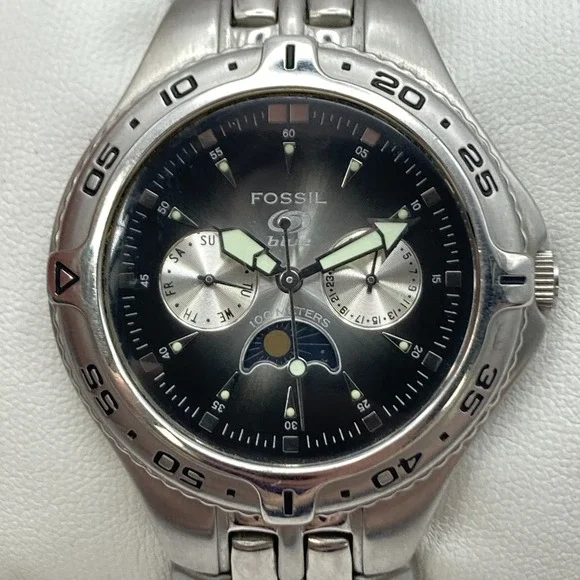 Fossil Blue Men's Sun Moon Watch 40mm Silver Tone Gray Dial New Battery SMALL 6