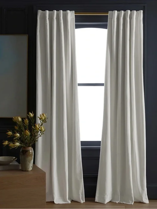 NWT QUINCE Set Of 2 48x108 Cotton Velvet True Blackout Curtains Ivory 9744