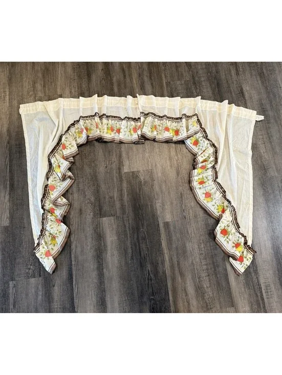 Sears Vintage Window Valance Berries Cottagecore White Brown 72” 2 Panel
