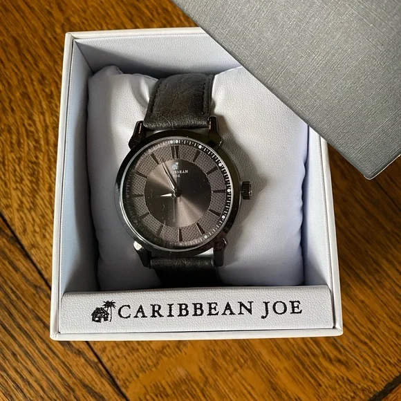 Caribbean Joe Men’s Watch Gunmetal Gray Etched Dial Black Vegan Leather NIB