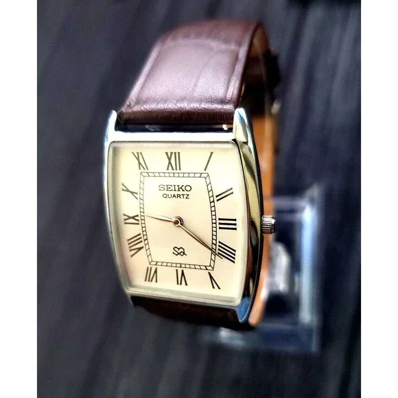 *RARE NOS Seiko Men Barrel Tank‎ White Roman Dial Brown Leather band Dress…