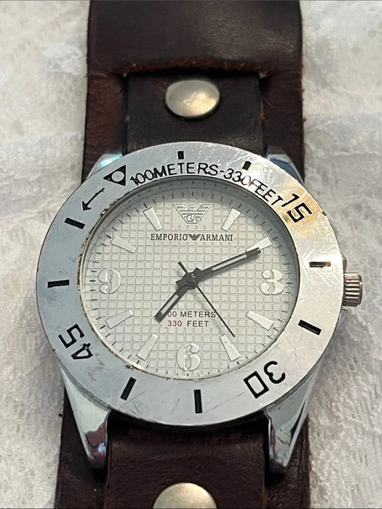 Emporio Armani Silver Dial Watch with Brown Leather Strap