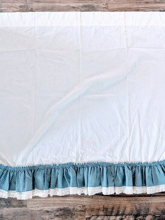 VTG 80s Blue Floral Cottagecore Curtain Panel Cotton Linen Ruffle Farmhouse