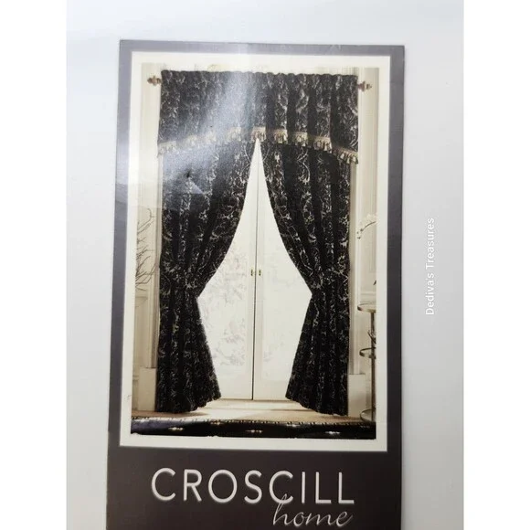 Croscill Arch Valance~RASCHEL~Black Beige Damask Tassel Trim~ 84in x 15in