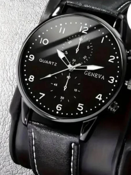Geneva Men's Black Leather Strap Watch - Black Dial with White Accents