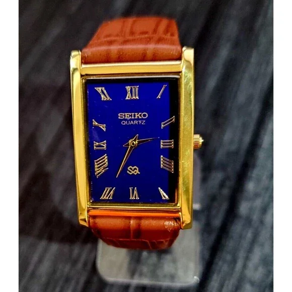 RARE NOS Seiko Men's Rectangular‎ Tank Gorgeous Gold Case Blue Dial Dres…