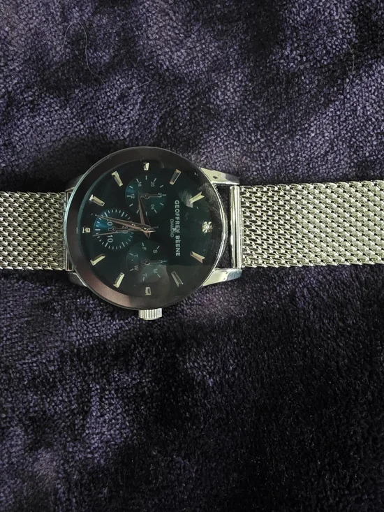 Geoffrey Beene Silver Mesh Band Chronograph Watch — Black Dial