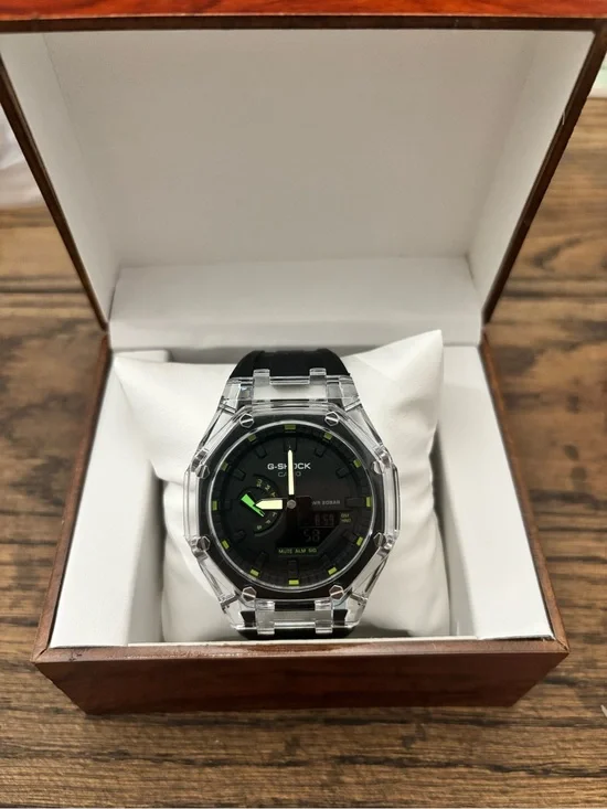 G-Shock Clear Case Black Dial Watch with Green Accents