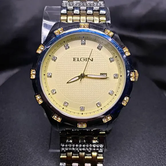 Elgin Men’s Quartz Dress Watch Date Two-Tone SS Bracelet Gold Silver Dial 47mm