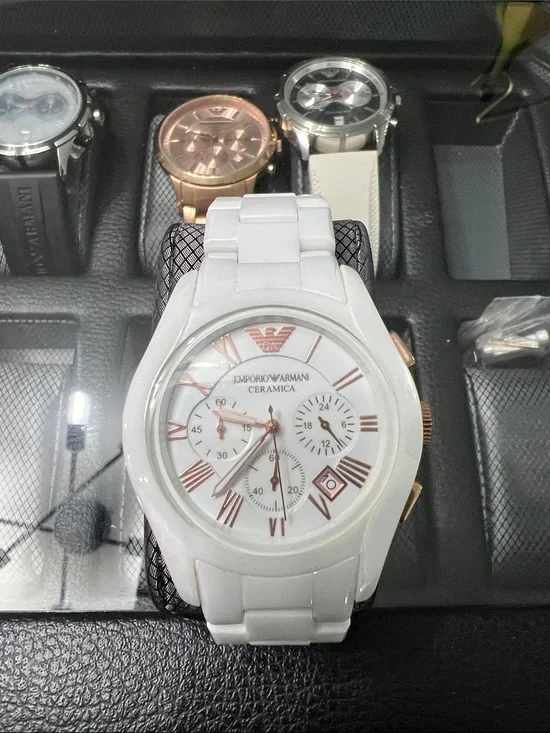 Emporio Armani White Ceramic Chronograph Watch with Rose-Gold Accents