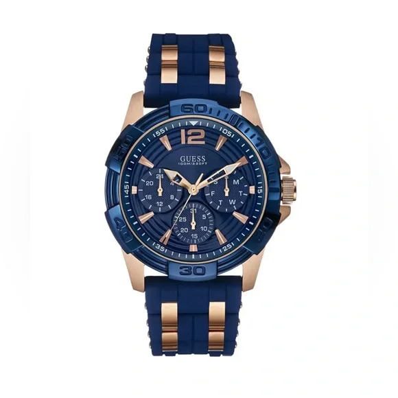 Guess Rose Gold Stainless‎ Steel Blue Silicone Strap Men Watch W0366G4