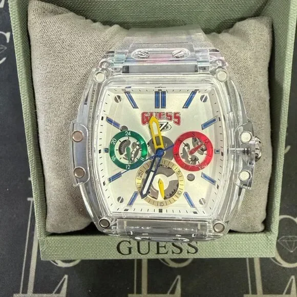 NIB Guess Phoenix J Balvin White Dial Transparent Silicone Strap Watch