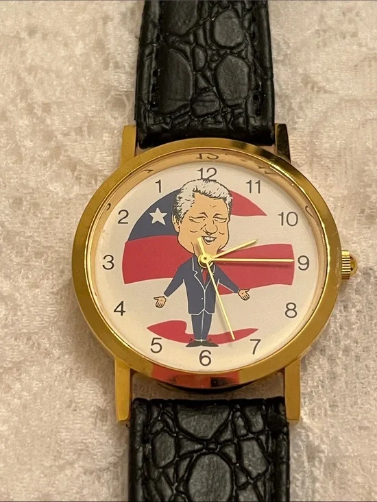 Gold Tone Novelty Bill Clinton Political Character Watch with Black Strap