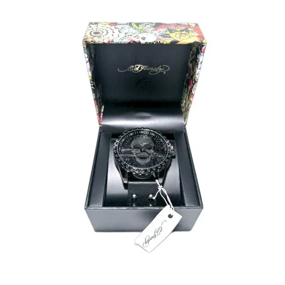 Ed Hardy Quartz Analog Watch Skull Dial Black Studded Leather Strap NEW IN BOX