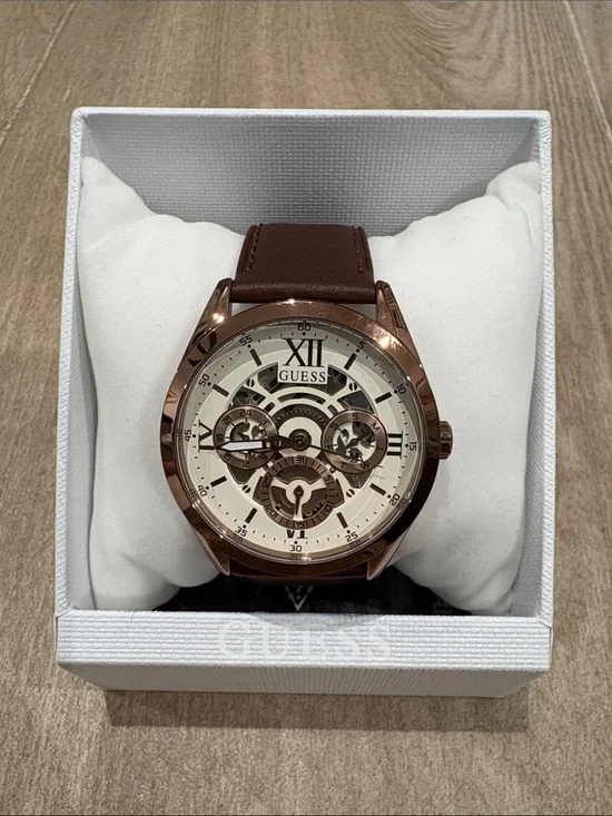 NWT GUESS Men’s Brown Leather Skeleton Dial Watch