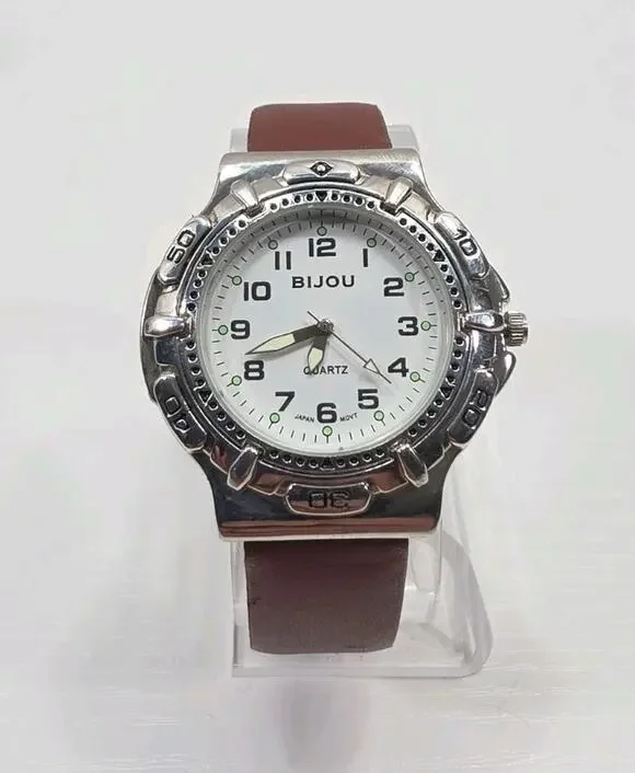 Women's Bijou Watch Luminous Hands Brown Genuine Leather Band New Battery W284
