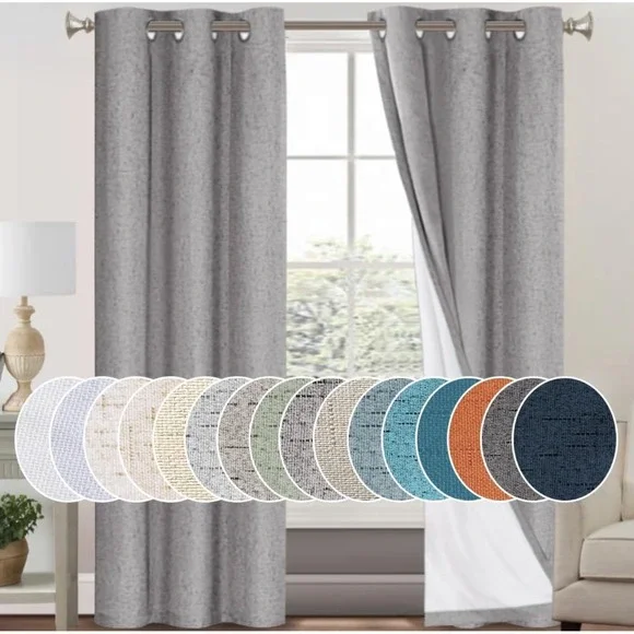 Blackout Grommet Curtains Thermal‎ Insulated Noise Reducing Faux Linen Gray 84