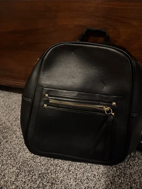 Black Faux Leather Men's Backpack with Gold Hardware