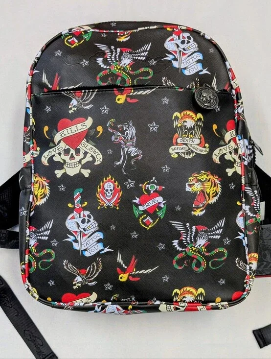 Ed Hardy Black Tattoo Print Backpack Skulls Tigers Graphic Bag NWT Unisex