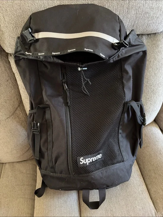 Supreme Black Mesh-Front Backpack with Reflective Trim