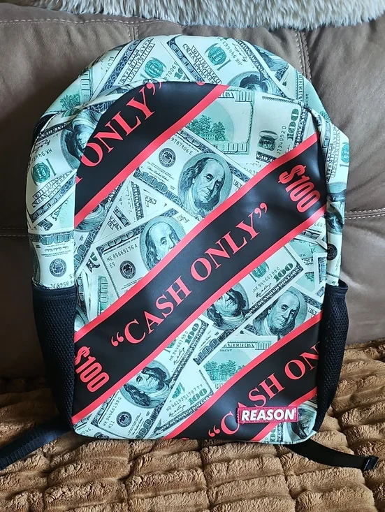 Reason Cash-Print Backpack in Green and Black with Pink Accent