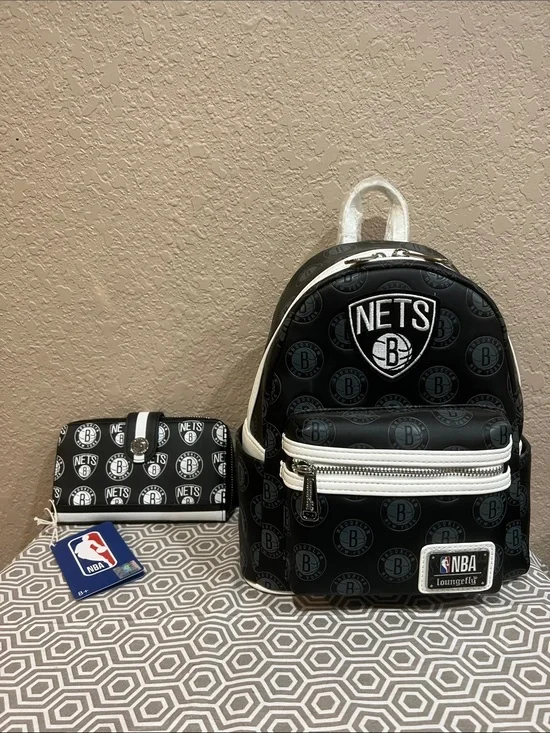 Loungefly Brooklyn Nets Black and White Mini Backpack and logo wallet
