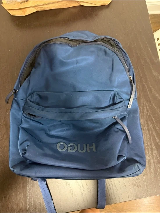 HUGO Navy Blue Backpack with Front Logo Pocket