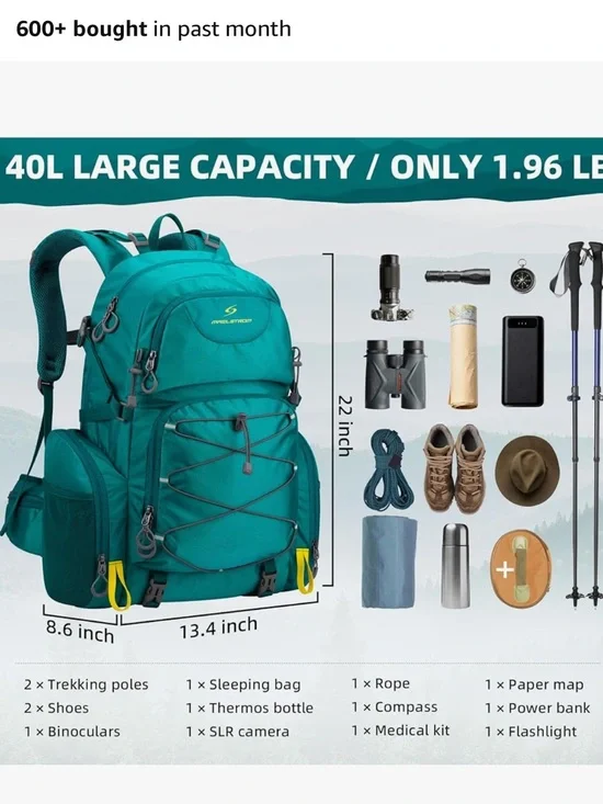 Teal 40L Hiking Backpack - Lightweight Outdoor Daypack
