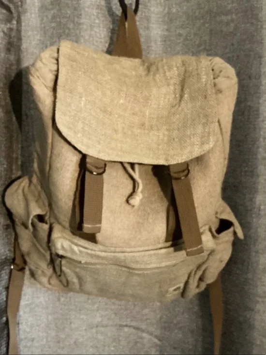 Neutral Tan Canvas Drawstring Backpack with Flap - Casual Everyday Pack