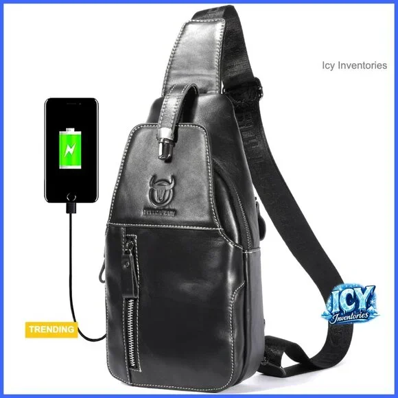 Genuine Leather Sling Bag Crossbody Backpack with USB Charging Port