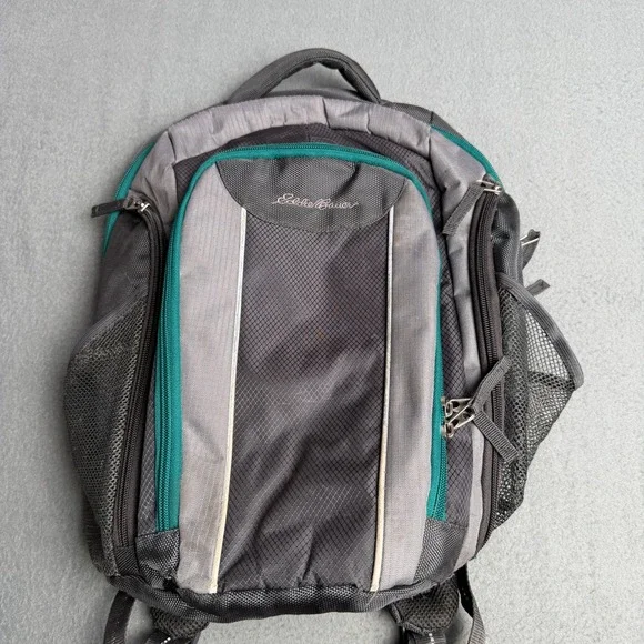 Eddie Bauer Backpack Gray Teal Ripstop Insulated Pocket Hiking Travel Daypack