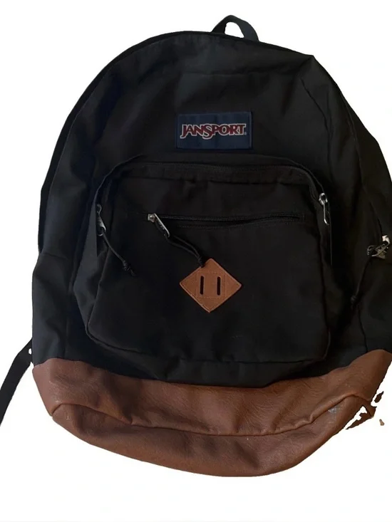 Vintage JanSport City View Black Backpack Faux Leather Bottom School Daypack 90s