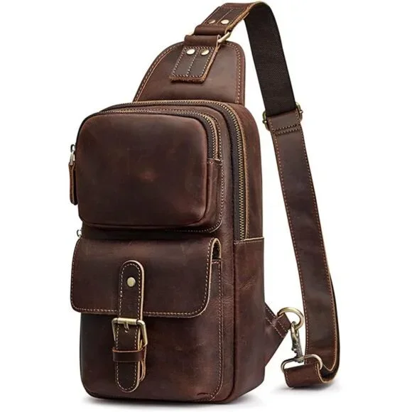 Unisex Vintage Genuine Leather Shoulder Backpack Crossbody Bag, Dark Brown