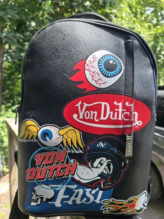 Von Dutch Black Backpack with Red & Yellow Graphic Patches