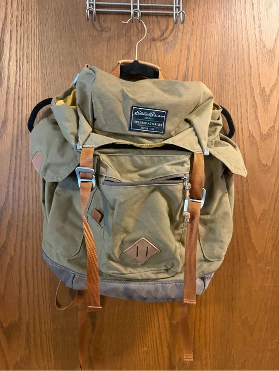 Eddie Bauer Olive Canvas Daypack with Brown Straps