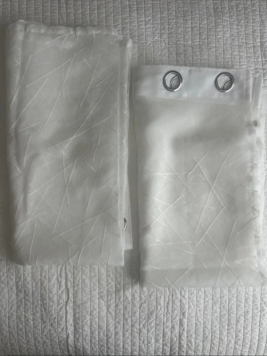 White Sheer Grommet Curtain Panels – Geometric Line Embroidery W50”x L94”
