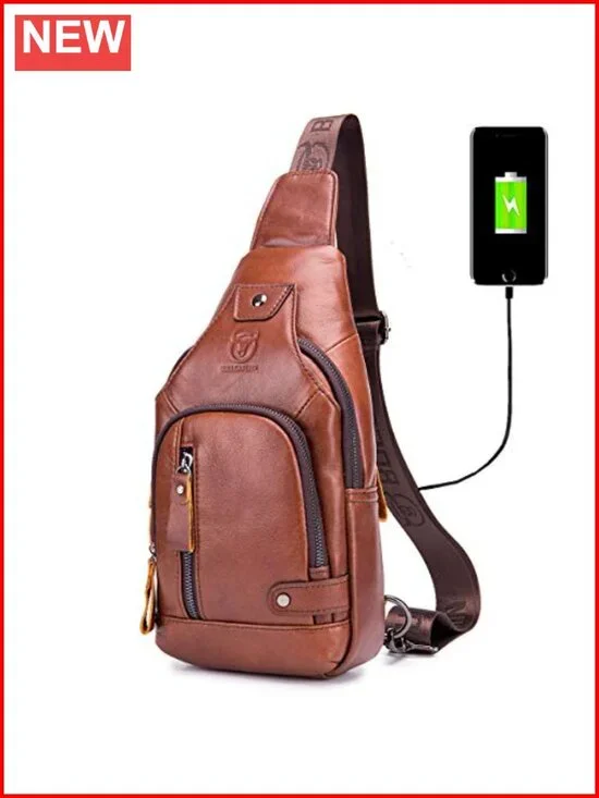 Genuine Leather Sling Bag with USB Charging, Multi-Pocket Chest Bag for Men
