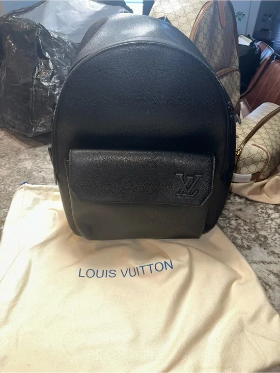 Louis Vuitton Black Pebbled Leather Men's Backpack with Front Pocket